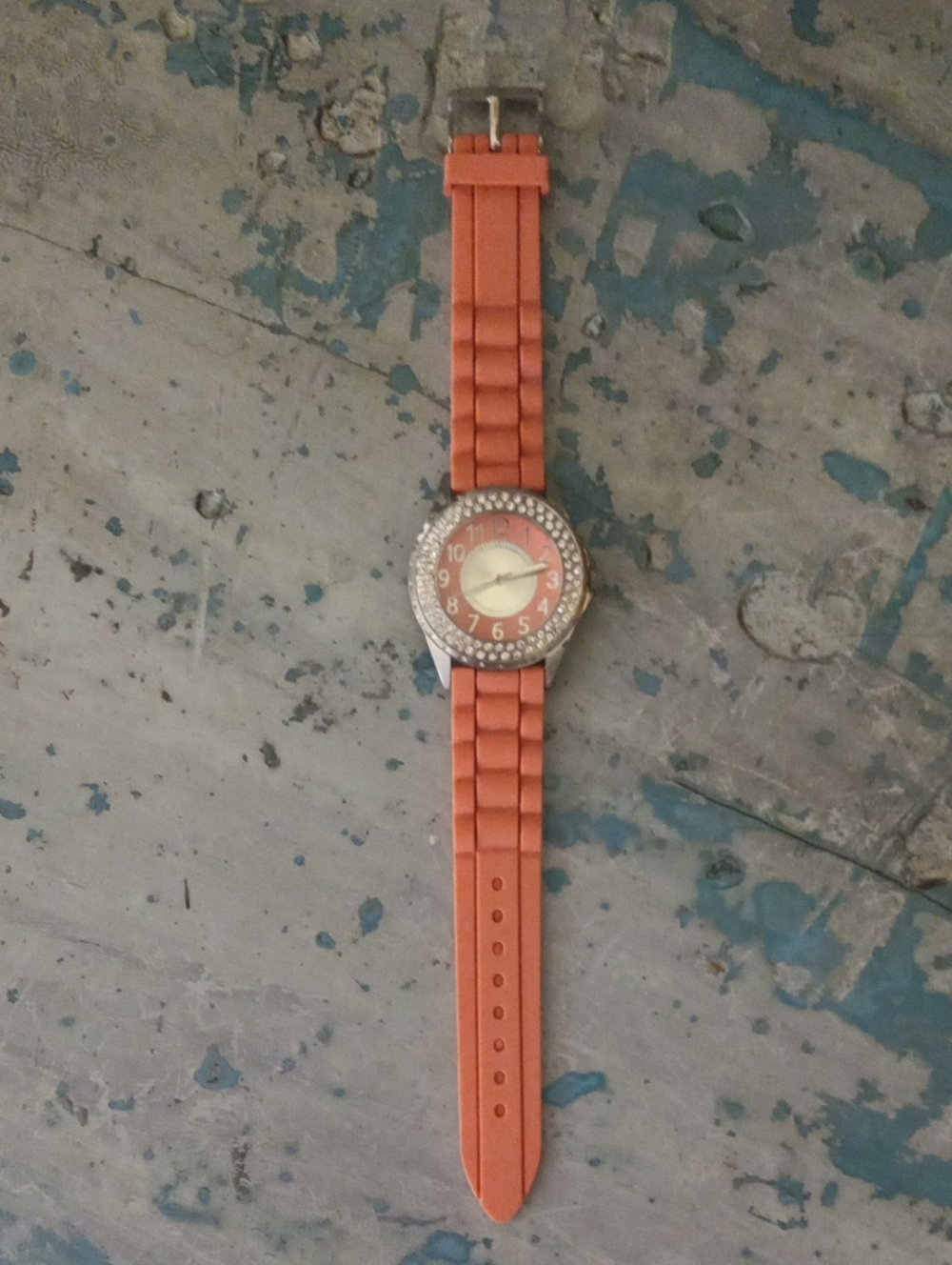 Silver Tone Crystal-Bezel Coral Color Silicone Strap Watch